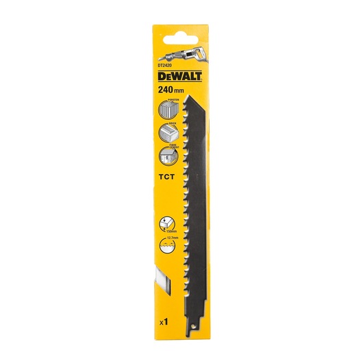 DEWALT DT2420 240mm saw blade in yellow packaging, suitable for wood, brick, fiber cement, TCT type.