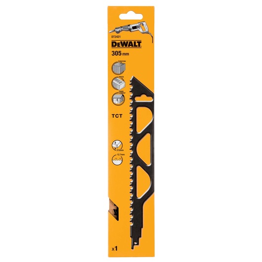 DEWALT DT2421 305mm saw blade in yellow packaging, suitable for cutting wood, brick, and porous materials.