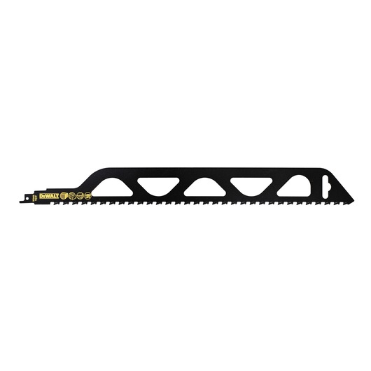 A DEWALT DT2422 black reciprocating saw blade with angled teeth and cutout design, displayed on a white background.