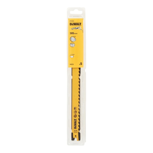 DEWALT DT2432 pack of 5 yellow reciprocating saw blades, 305mm, in clear and yellow packaging.
