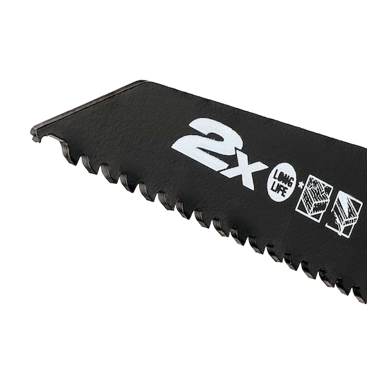 Close-up of a DEWALT DT2440L saw blade, showing black teeth and printed longevity symbols.