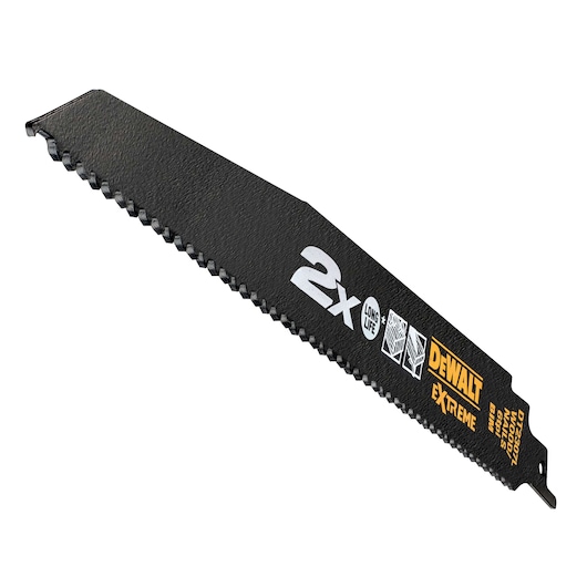 DEWALT DT2440L black reciprocating saw blade with logos and text, shown on a white background.