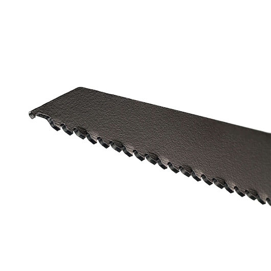 Close-up of a DEWALT DT2440L saw blade with sharp, jagged teeth for cutting.