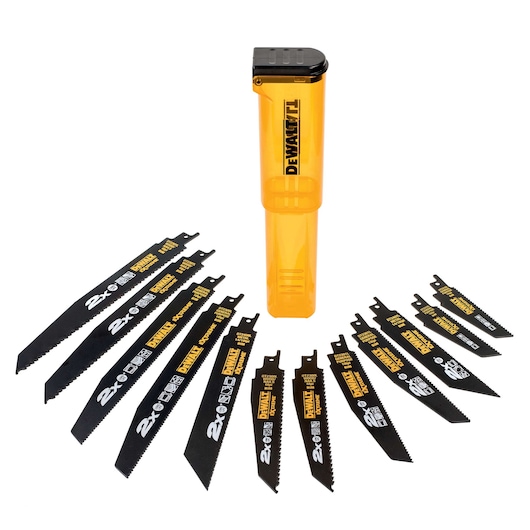 DEWALT DT2441L reciprocating saw blade set shown with a yellow storage case, including multiple black blades arranged in a semi-circle.