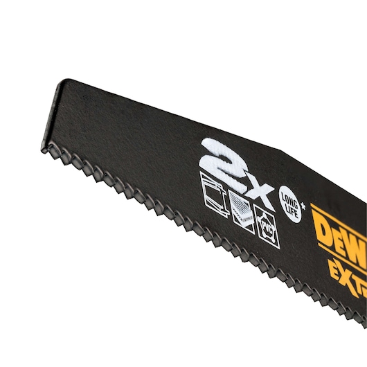 Close-up of a DEWALT DT2441L saw blade with teeth and product markings for long life and material suitability.