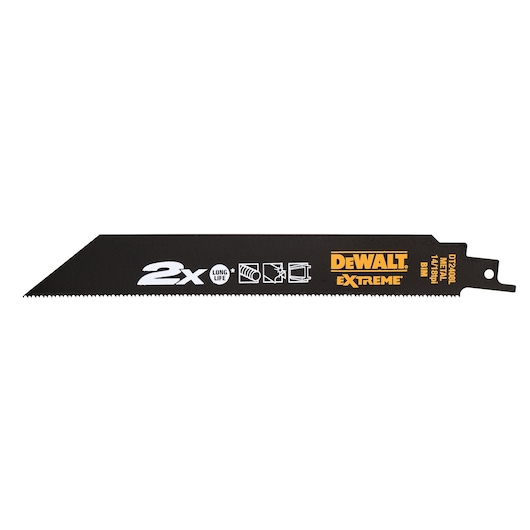 DEWALT DT2441L metal saw blade with sharp teeth, black color, Extreme branding and durability icons.