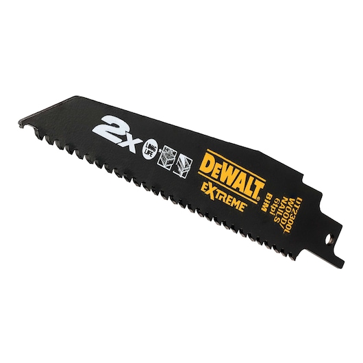 DEWALT DT2443L black reciprocating saw blade with Extreme branding, toothed edge for cutting wood.