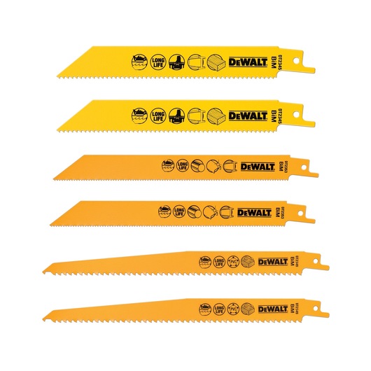 Set of six yellow DEWALT reciprocating saw blades, each with printed black icons and text indicating usage for wood, metal, and plastic materials. The blades are arranged horizontally in a row against a white background.