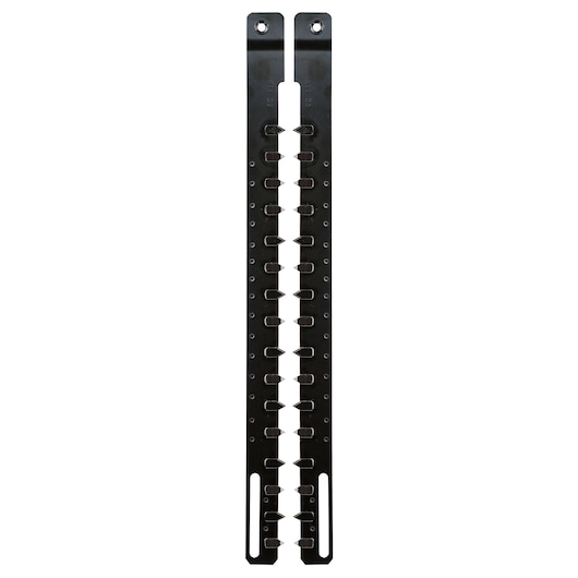 A close-up image of a black metal replacement blade for a hedge trimmer. The blade has multiple small cutting teeth arranged in two rows and holes for mounting at the top.