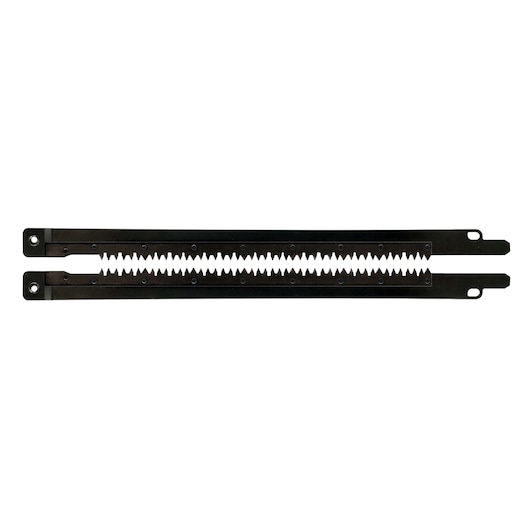 Two black DEWALT reciprocating saw blades with serrated edges, shown side by side on a white background.