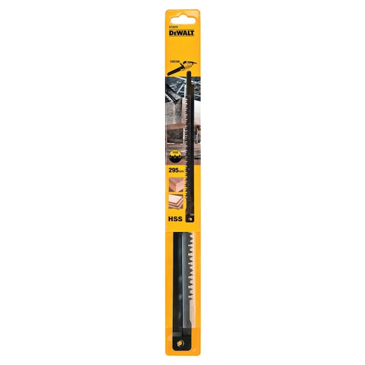 DEWALT DT2970 HSS saw blade, 295mm, in yellow packaging designed for woodworking and cutting tasks.
