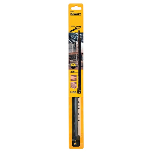 DEWALT DT2971 saw blade in yellow packaging, 295mm HSS for cutting wood and other materials.