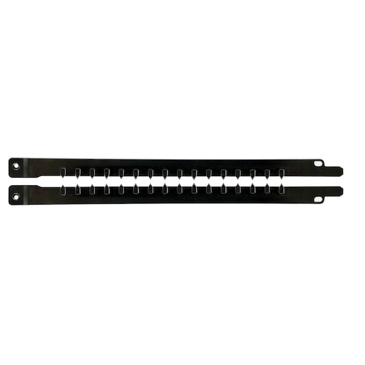Black metal rack panel with slots and mounting holes, designed for organizing cables or tools.