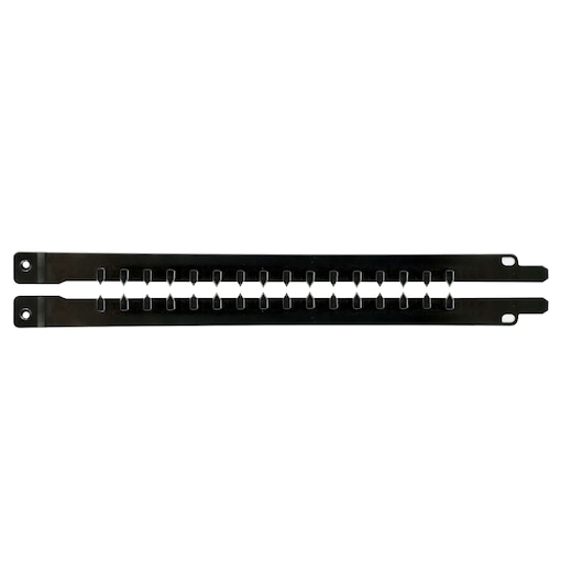 Black metal guide bar with evenly spaced slots for supporting or organizing tools and accessories.