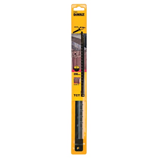 DEWALT DT2973 295mm reciprocating saw blade in yellow packaging for cutting materials.