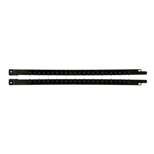 Two black metal saw blade strips with mounting holes, aligned horizontally against a white background.