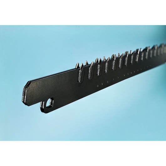 Close-up of a DEWALT DT2974 replacement hedge trimmer blade, showing sharp, serrated metal teeth against a light blue background.