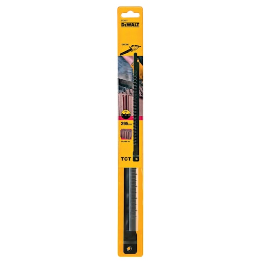 DEWALT DT2977 TCT saw blade, 295mm, in yellow packaging for wood cutting.