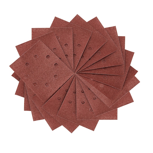 A fanned-out set of rectangular brown sandpaper sheets, each with six evenly spaced holes, arranged in a circular pattern on a white background.