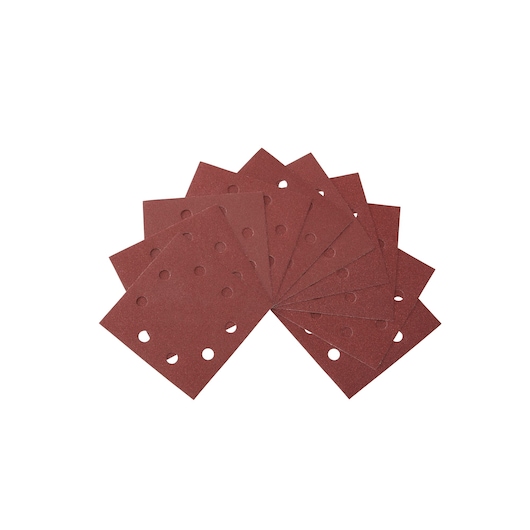 A set of rectangular DEWALT sandpaper sheets with circular holes, fanned out on a white background.