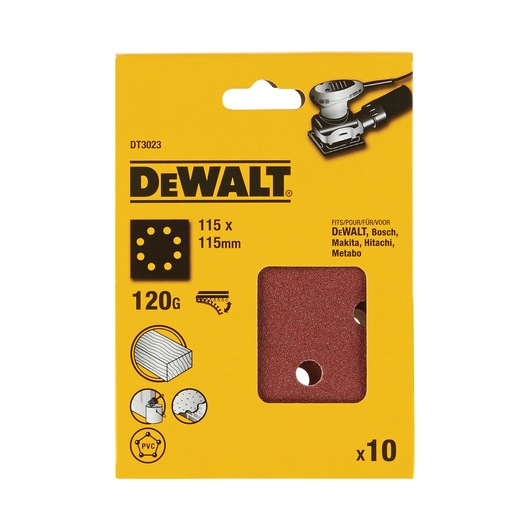 DEWALT DT3023 120G sanding sheets, 115x115mm, pack of 10 for various tools. Shown in yellow packaging.