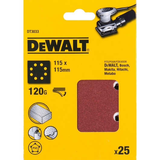 Front view of a DEWALT DT3033 package containing 25 rectangular sanding sheets, grit 120, sized 115 x 115 mm. The packaging is yellow and shows compatibility with DeWALT, Bosch, Makita, Hitachi, and Metabo sanders. The package displays icons for wood, plastic, and other material uses.
