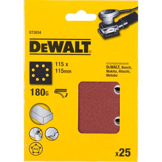 DEWALT DT3034 sanding sheets, 115x115mm, 180 grit, pack of 25. For multiple brands' sanders. Shown in yellow box.