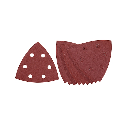 A set of triangular red sanding sheets with holes, arranged in a fanned-out stack and one separate sheet, designed for detail sanders.