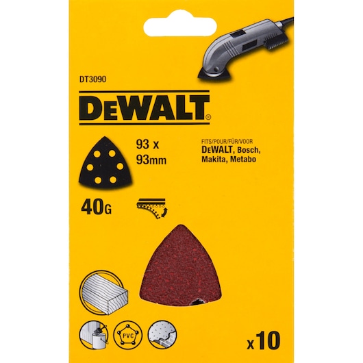 Packaging of DEWALT DT3090 93 x 93 mm triangular sanding sheets, 40 grit, suitable for DEWALT, Bosch, Makita, Metabo tools. The package shows product usage for wood, PVC, and other materials. Contains 10 sheets.