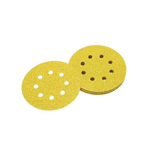 Stack of round yellow DEWALT sanding discs with eight holes for dust extraction.