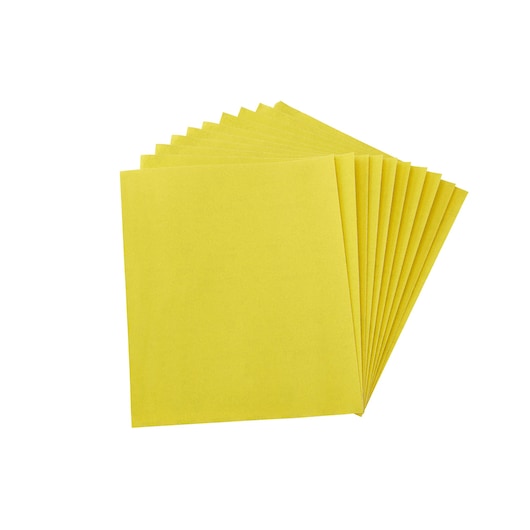 A set of yellow rectangular sanding sheets fanned out on a white background.