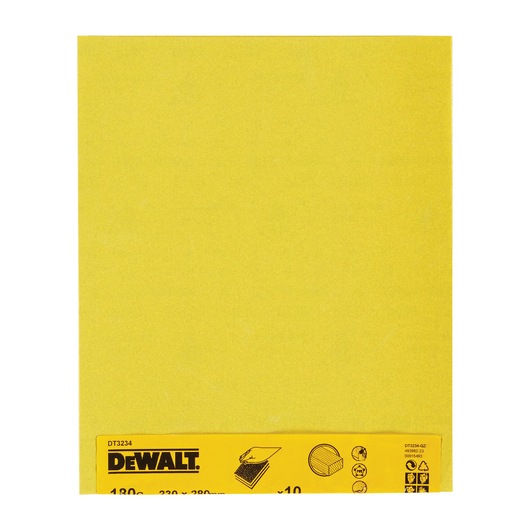 A DEWALT DT3234 yellow sanding sheet with a branded label and product information at the bottom, used for surface finishing in photography and other applications.