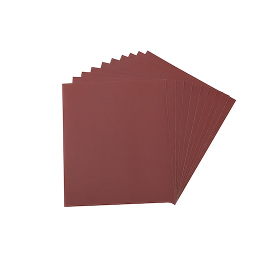 A fanned arrangement of several rectangular sheets of red sandpaper, displayed on a white background.