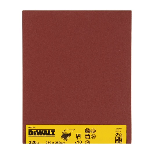 A single sheet of DEWALT sandpaper, model DT3246, 320 grit, with a brown abrasive surface and a yellow label at the bottom displaying the brand logo and product details.