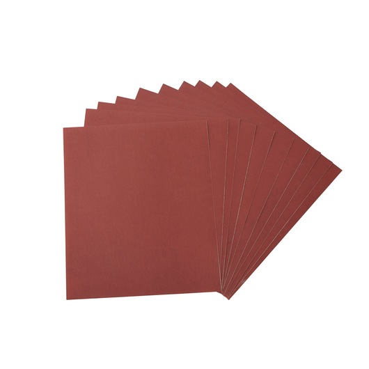 A set of brown rectangular sandpaper sheets fanned out on a white background.