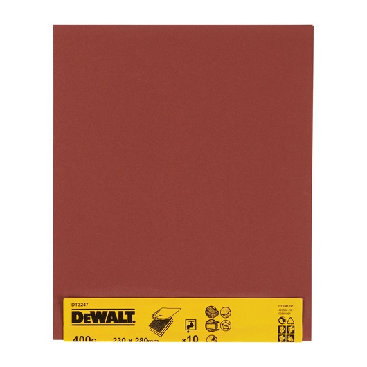 A DEWALT DT3247 sandpaper sheet with a brown abrasive surface and a yellow label at the bottom displaying the DEWALT logo, product details, and usage icons.