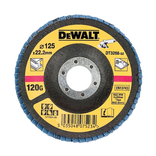 DEWALT DT3268 flap disc, 125mm diameter, 22.2mm bore, 120 grit, suitable for grinding metal and stainless steel. The disc features a yellow label with safety and usage information including maximum speed, barcode, and manufacturer branding.