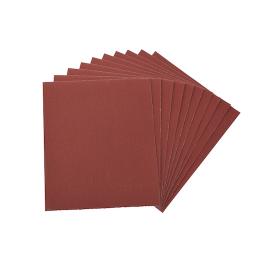 A set of ten rectangular brown abrasive sandpaper sheets arranged in a fanned-out pattern on a white background.