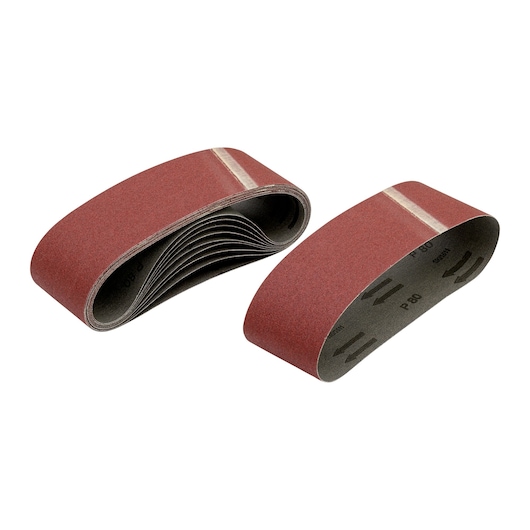 Two DEWALT DT3304 sanding belts for belt sanders, shown stacked and separated on a white background.