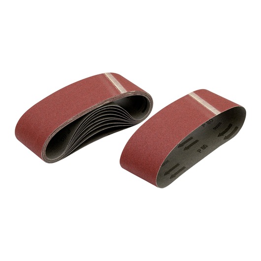 Two reddish-brown sanding belts, one stacked and one single, designed for use with a belt sander.