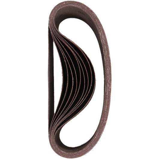 A stack of DEWALT abrasive sanding belts arranged in a loop, viewed from the side against a white background.