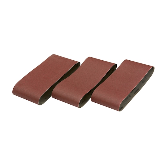 Three brown sanding belts used with power sanders, displayed side by side on a white background.