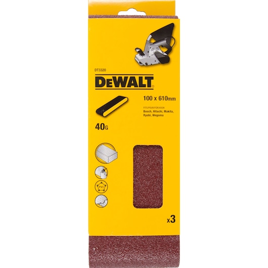 DEWALT DT3320 sanding belt pack, 100x610mm, 40 grit, fits various brands, shown in yellow packaging.