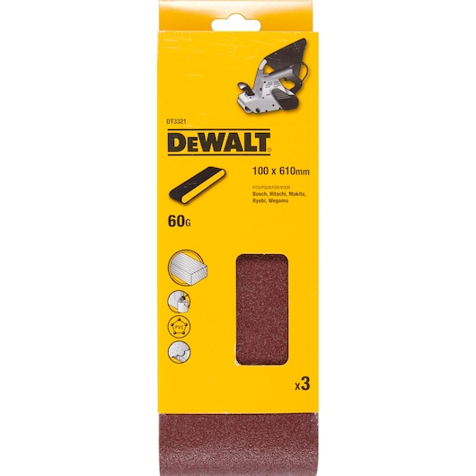 DEWALT sanding belt pack, 100x610mm, 60 grit, for wood and PVC. Contains 3 belts per pack.
