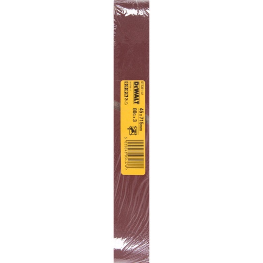 DEWALT sanding belt pack, 45x715mm, grit 80, in brown, with yellow label and barcode visible.