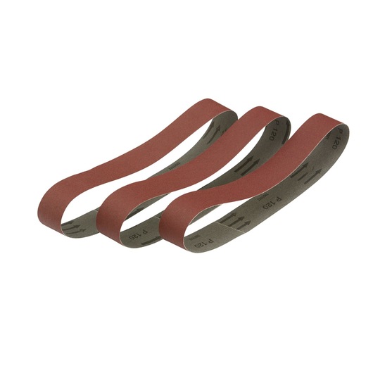 Three brown sanding belts arranged in a row on a white background. The belts are abrasive and suitable for use with belt sanders.