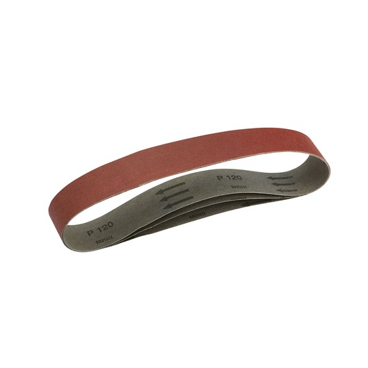 A DEWALT sanding belt with a red abrasive surface and grey backing, labeled P120, displayed on a white background.