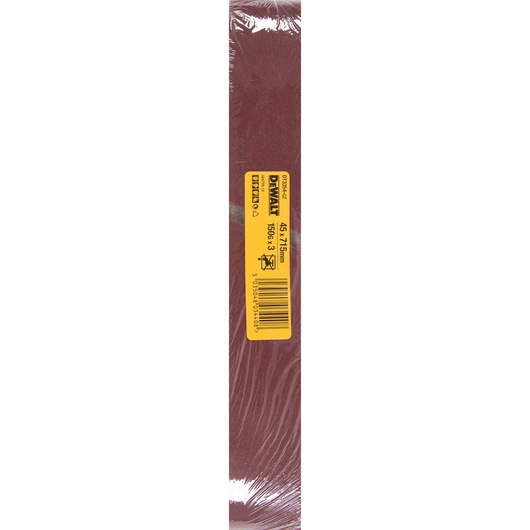 A DEWALT sanding belt pack, SKU DT3354, showing a maroon abrasive belt wrapped in plastic packaging with a yellow product label displaying specifications 45 x 715 mm and grit 150. The label includes the DEWALT logo, a barcode, and additional information.