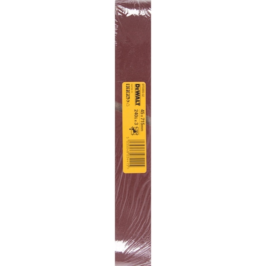 DEWALT DT3355 sanding belt, 45x715mm, 240 grit, brown, pack of 3, wrapped in plastic with yellow label.
