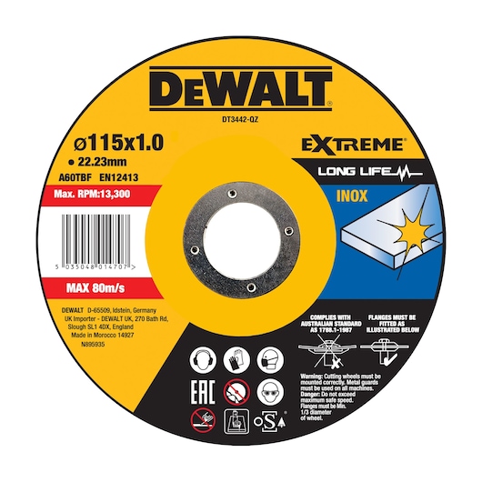 A DEWALT DT3442-QZ Extreme cutting disc for INOX (stainless steel), featuring a yellow and black design. The disc has specifications including diameter 115mm, thickness 1.0mm, bore 22.23mm, and maximum RPM of 13,300. It is labeled for long life, complies with standards, and includes multiple safety icons and warnings.
